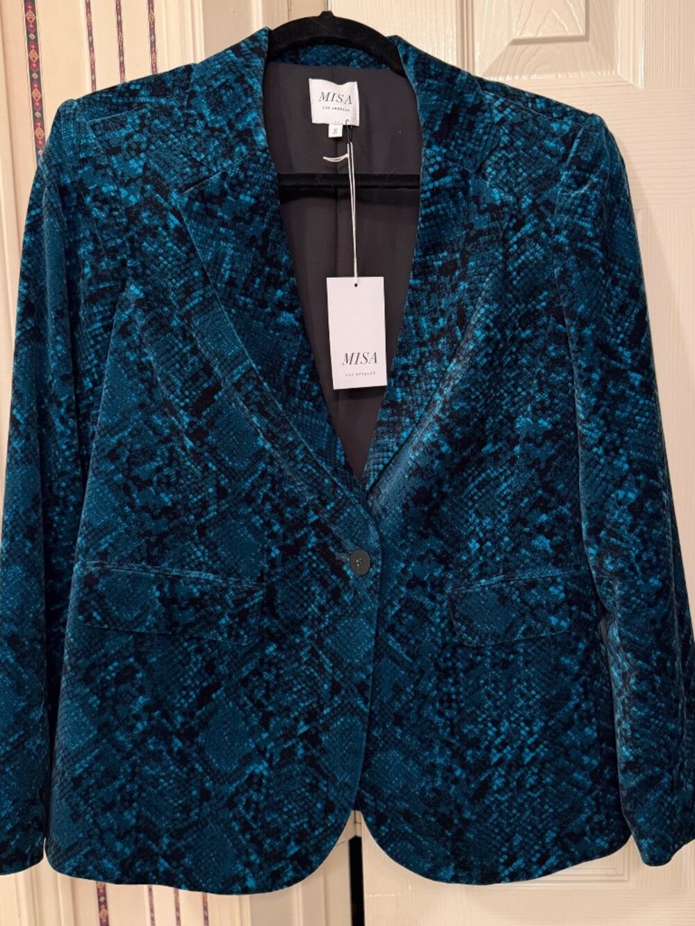 MISA Los Angeles Small Blue Velvet Snake Skin Pattern Blazer
